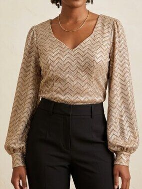 Venus Metallic Gold Chevron Balloon Sleeve Party Ready Blouse SZ 10